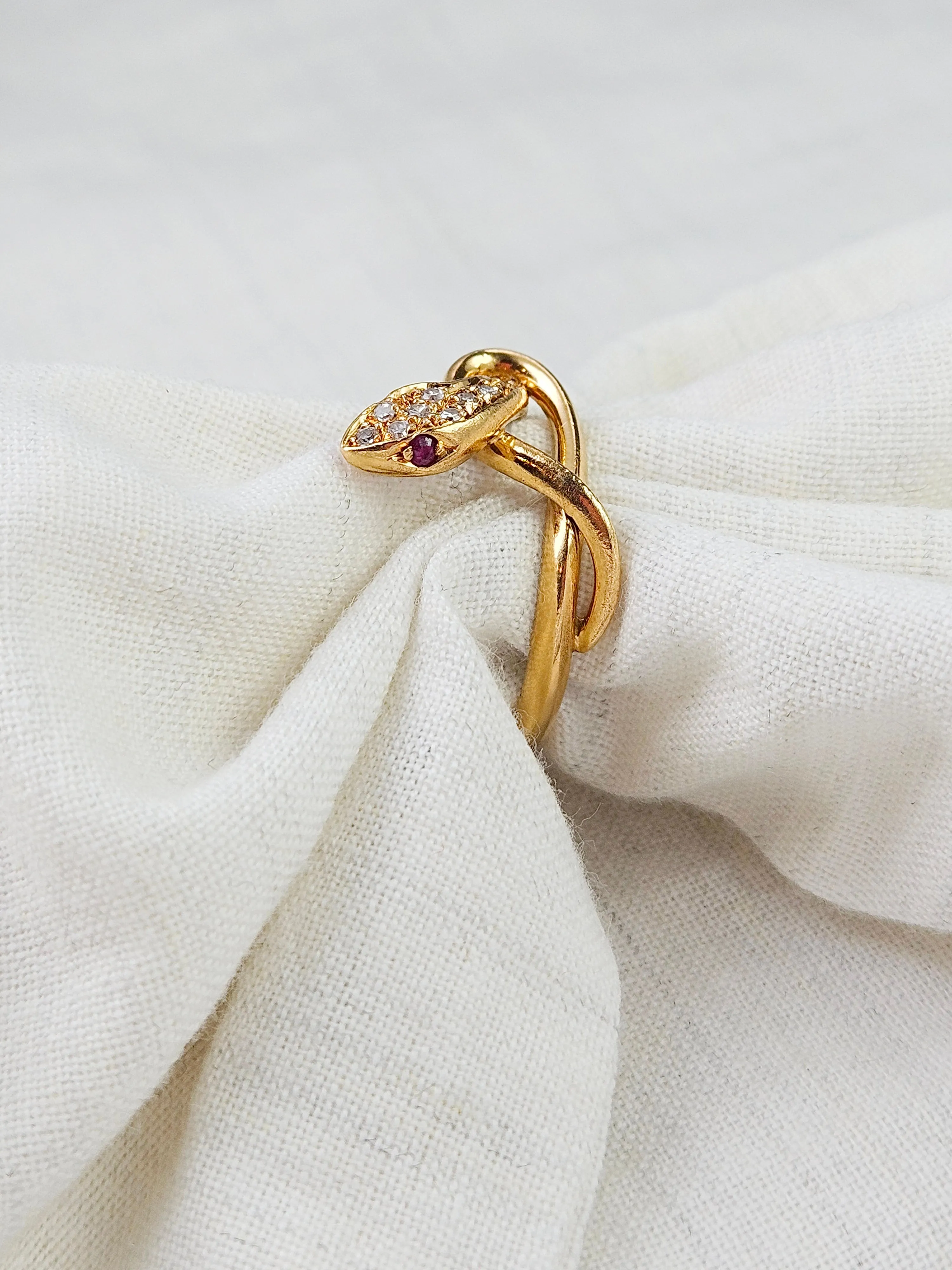 18K Solid Yellow Gold Antique Snake Ring with Diamond and Ruby Size 6.5 | Antique Jewelry | Indulgems | Designs in Real Gold