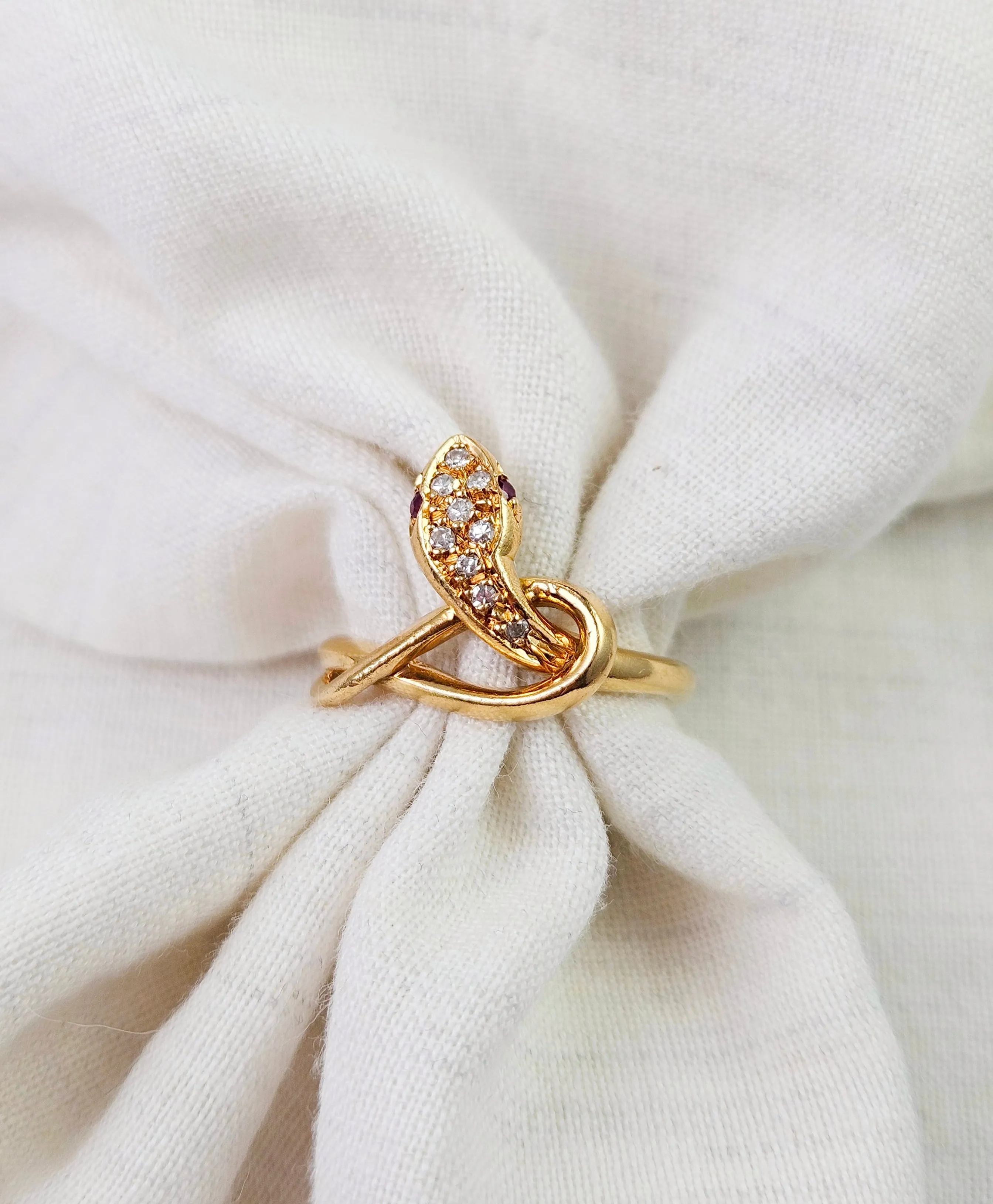 18K Solid Yellow Gold Antique Snake Ring with Diamond and Ruby Size 6.5 | Antique Jewelry | Indulgems | Designs in Real Gold