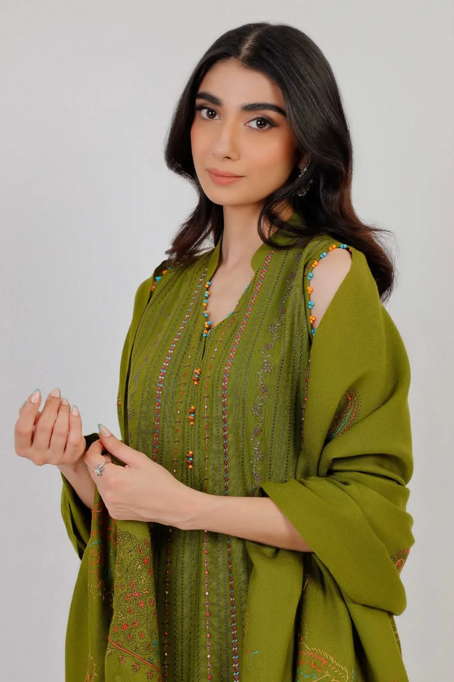 3 Pc Embroidered Khaddar Suit With Shawl