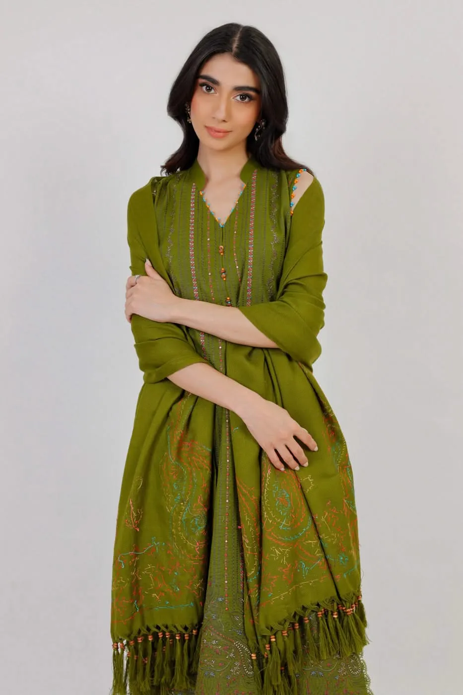 3 Pc Embroidered Khaddar Suit With Shawl