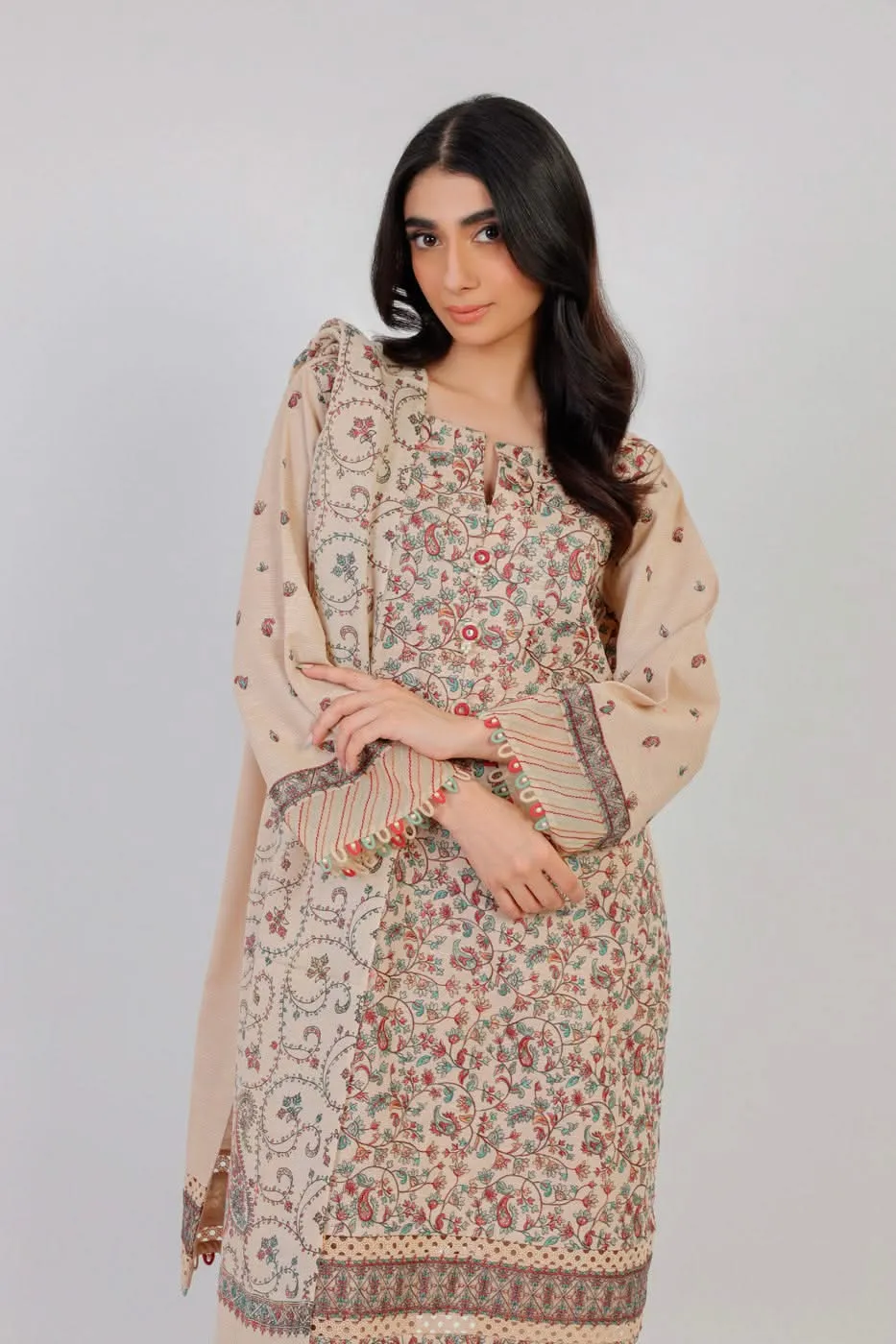 3 Pc Embroidered Khaddar Suit With Shawl