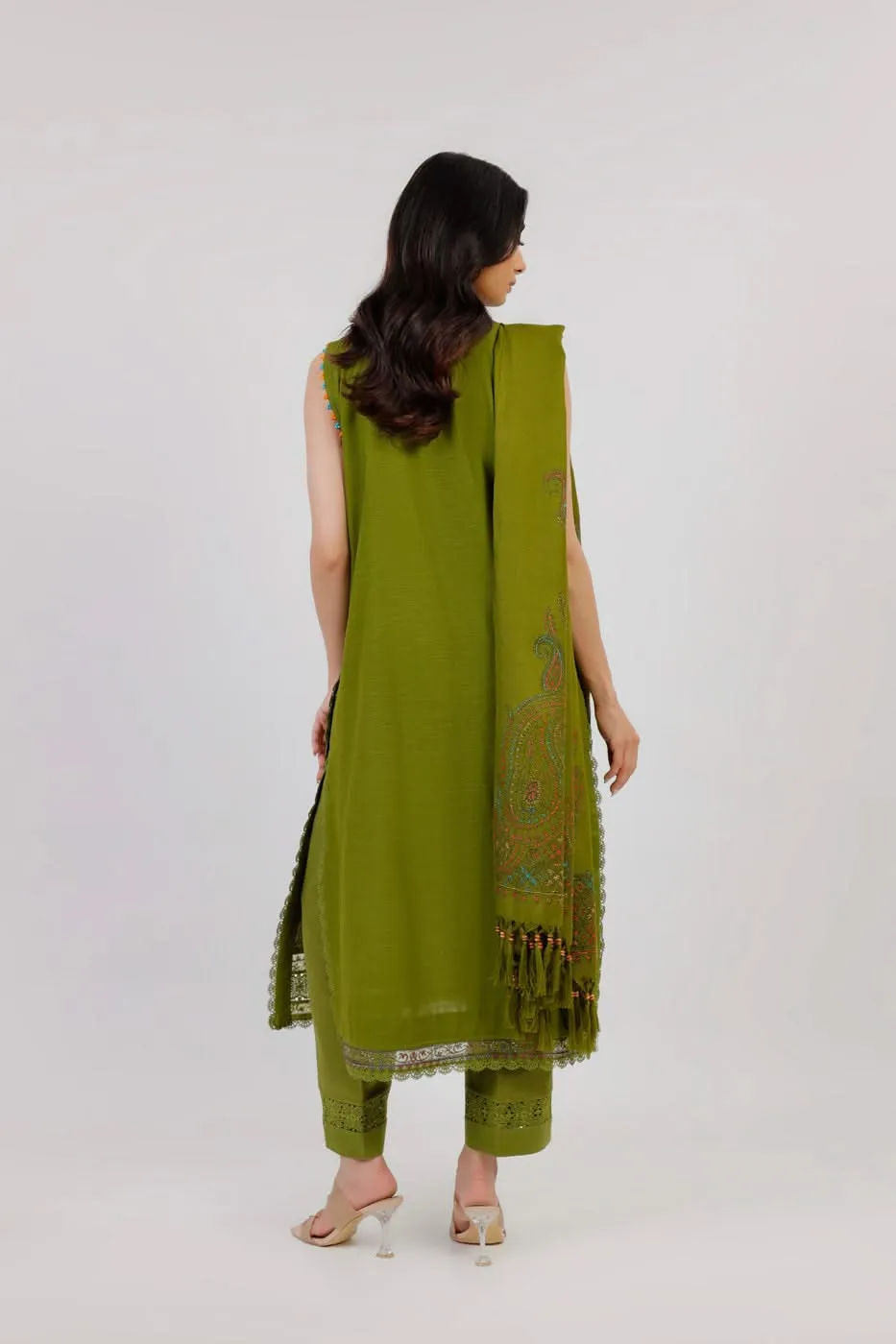 3 Pc Embroidered Khaddar Suit With Shawl