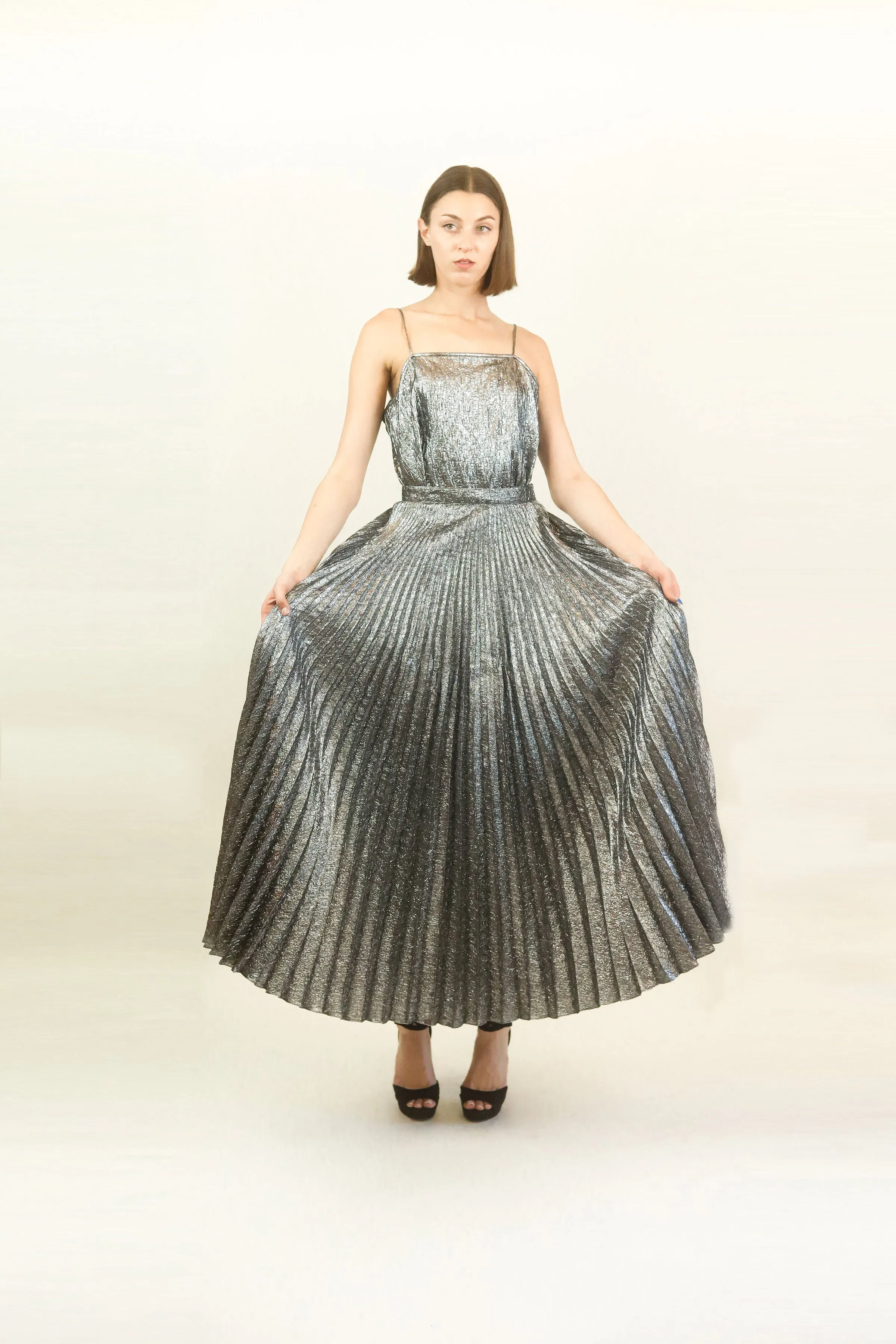 Adolfo Liquid Silver Skirt Set