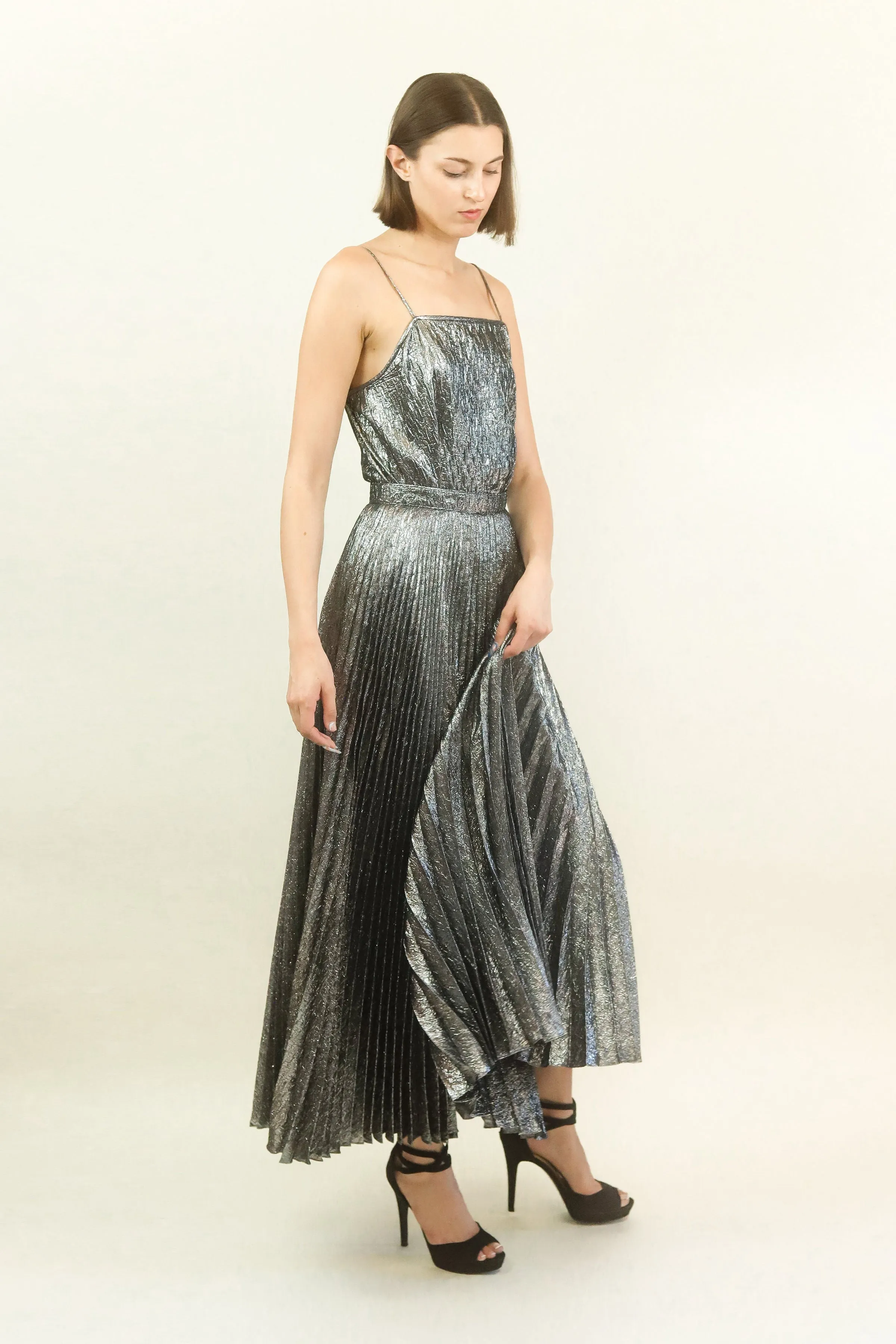 Adolfo Liquid Silver Skirt Set