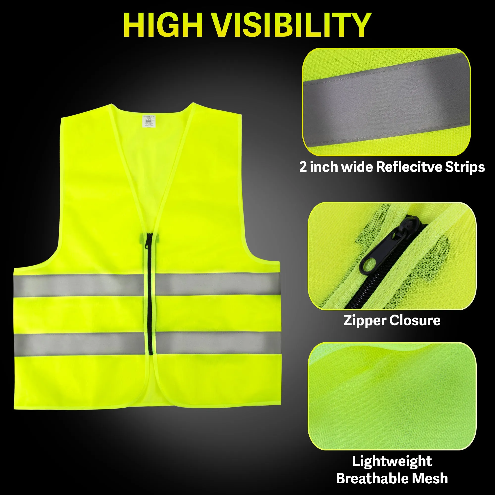 Adult Zippered High Visibility Safety Vest With Reflective Strips