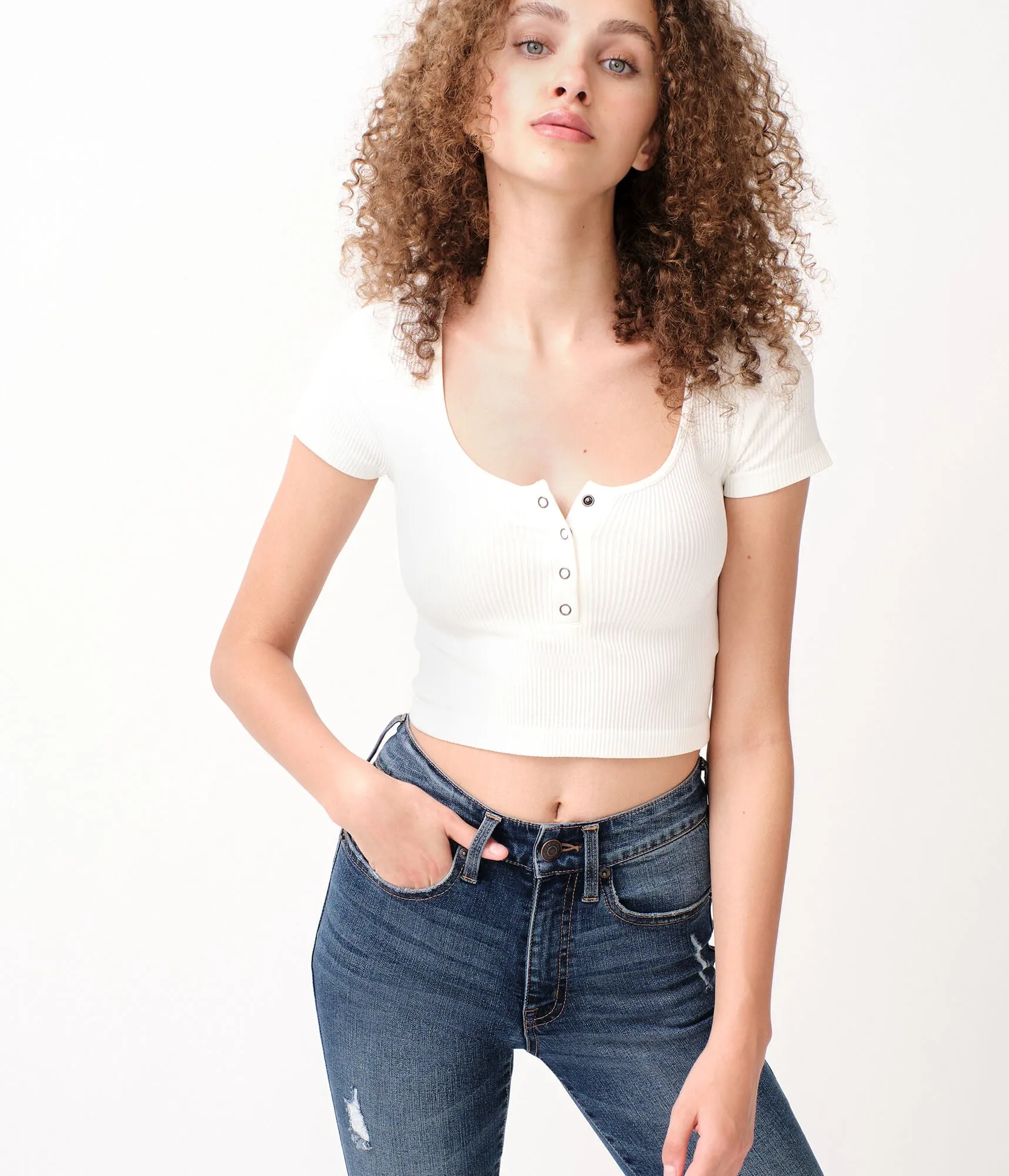 Aeropostale Ribbed Cropped Henley Tee