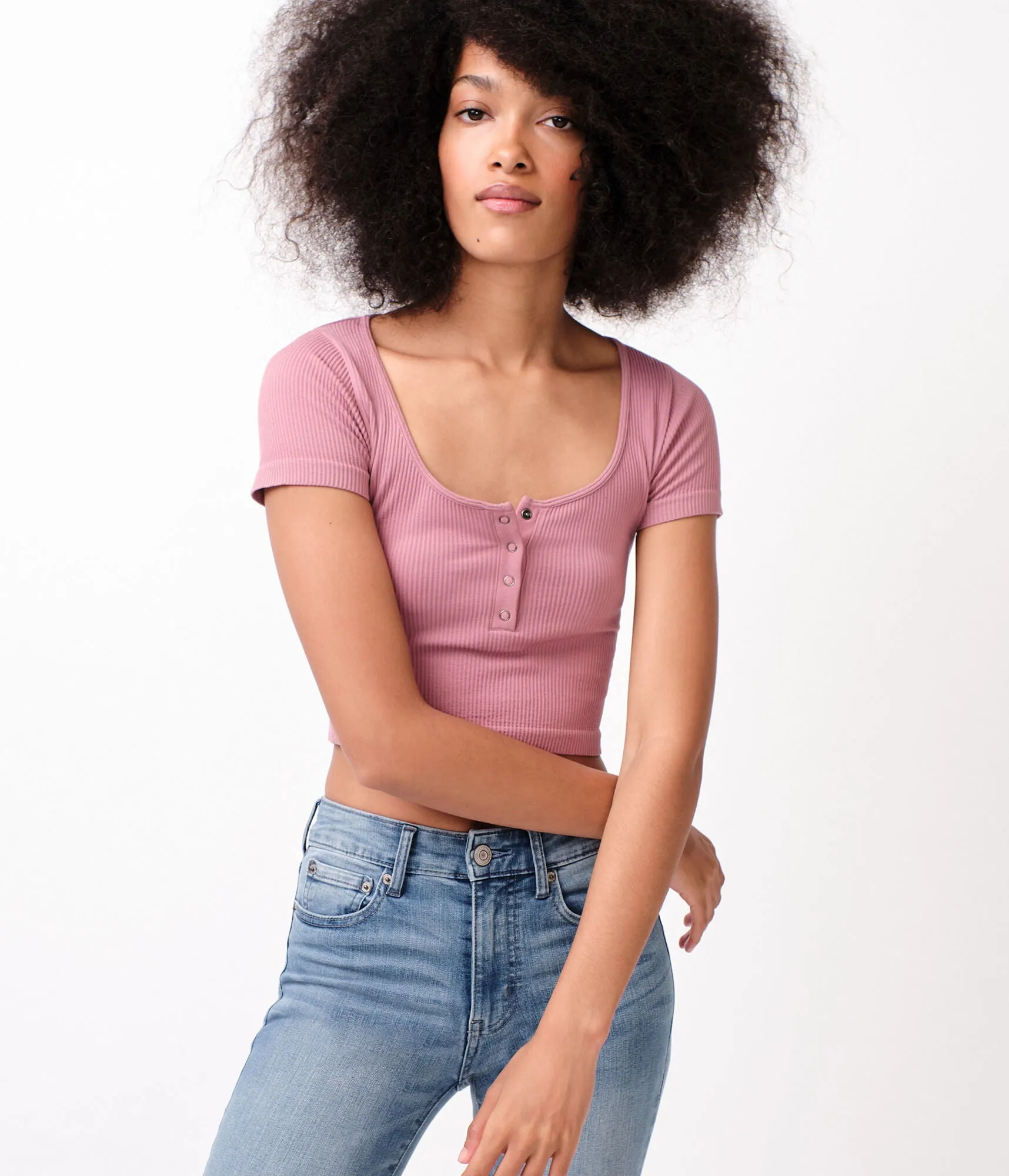 Aeropostale Ribbed Cropped Henley Tee