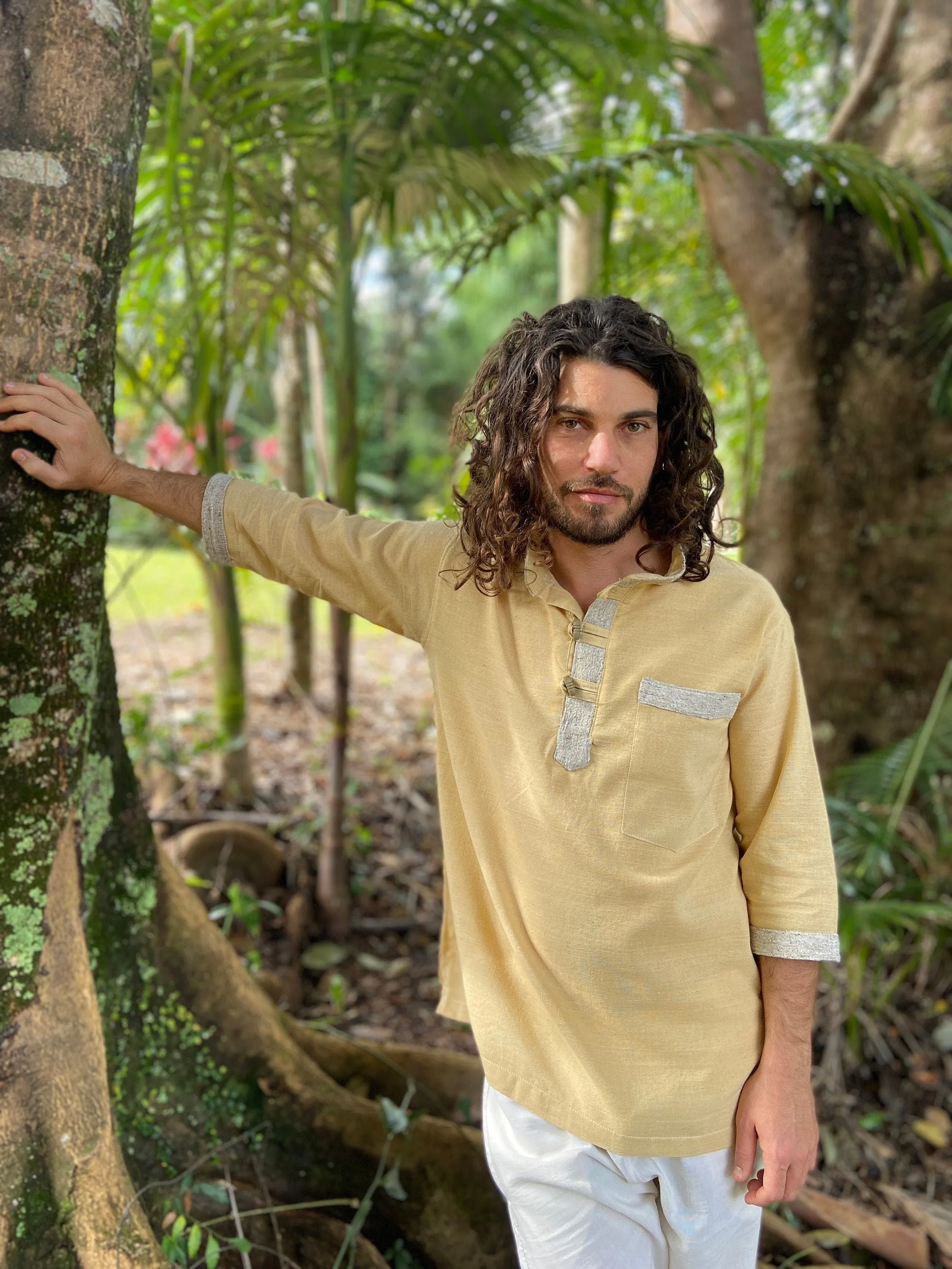 AKUNA Organic Hemp and Cotton Mens Top Natural Beige, Handmade, Eco friendly Sustainable Comfortable Earthy Gypsy Ceremony Festival AJJAYA