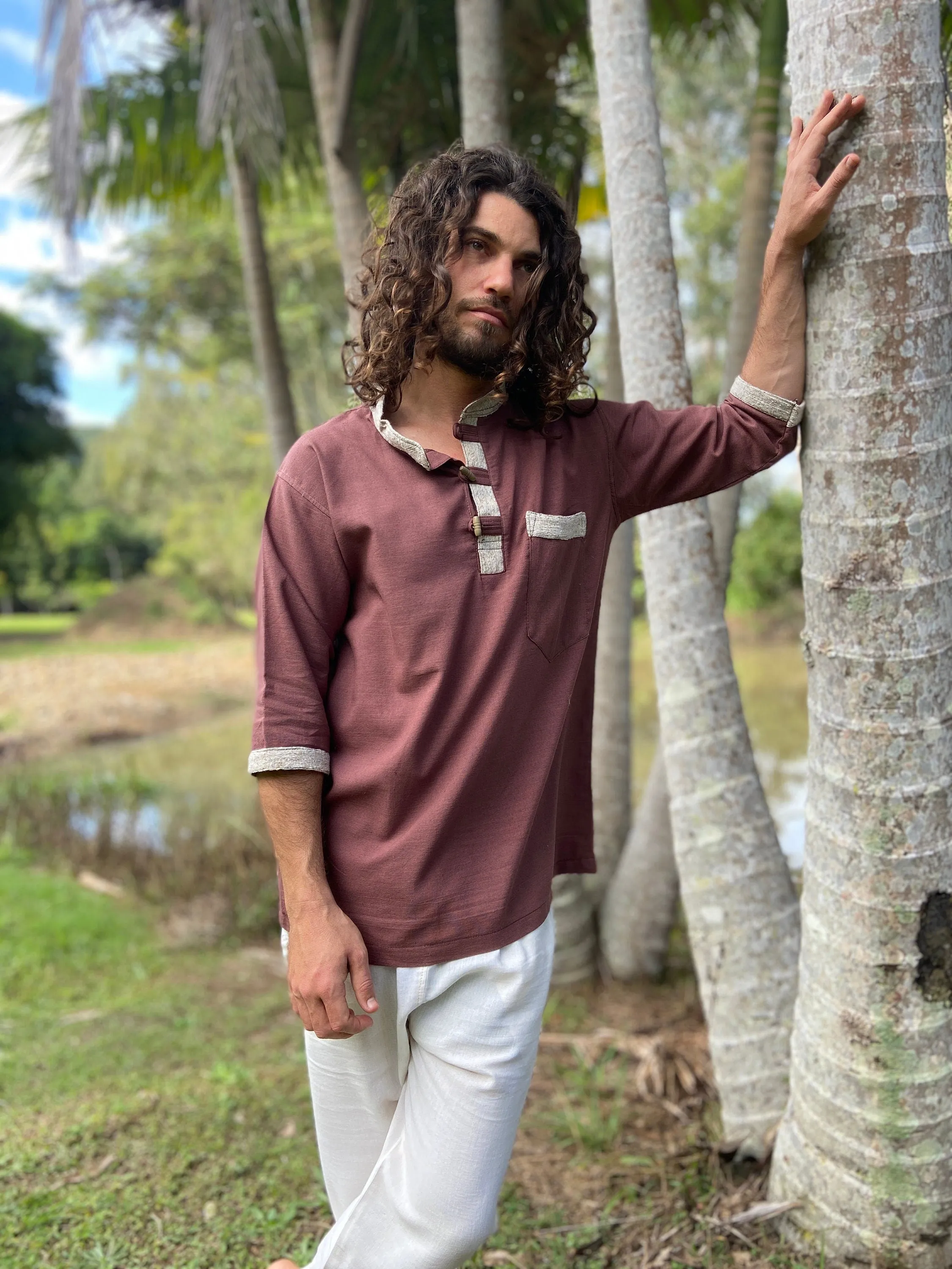 AKUNA Organic Hemp and Cotton Mens Top Natural Beige, Handmade, Eco friendly Sustainable Comfortable Earthy Gypsy Ceremony Festival AJJAYA