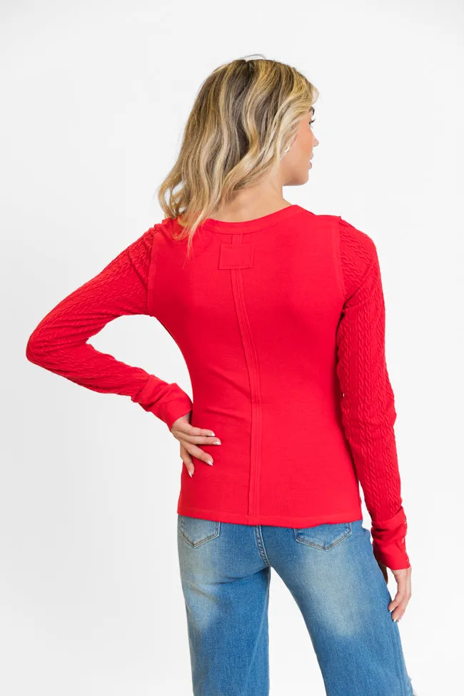 All The Better Red Cable Knit Sleeve Knit Henley Top