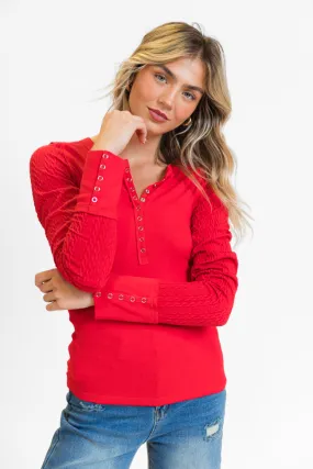 All The Better Red Cable Knit Sleeve Knit Henley Top