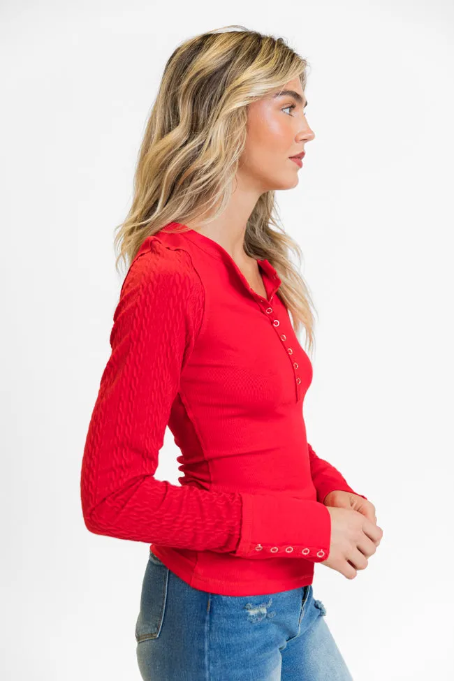 All The Better Red Cable Knit Sleeve Knit Henley Top