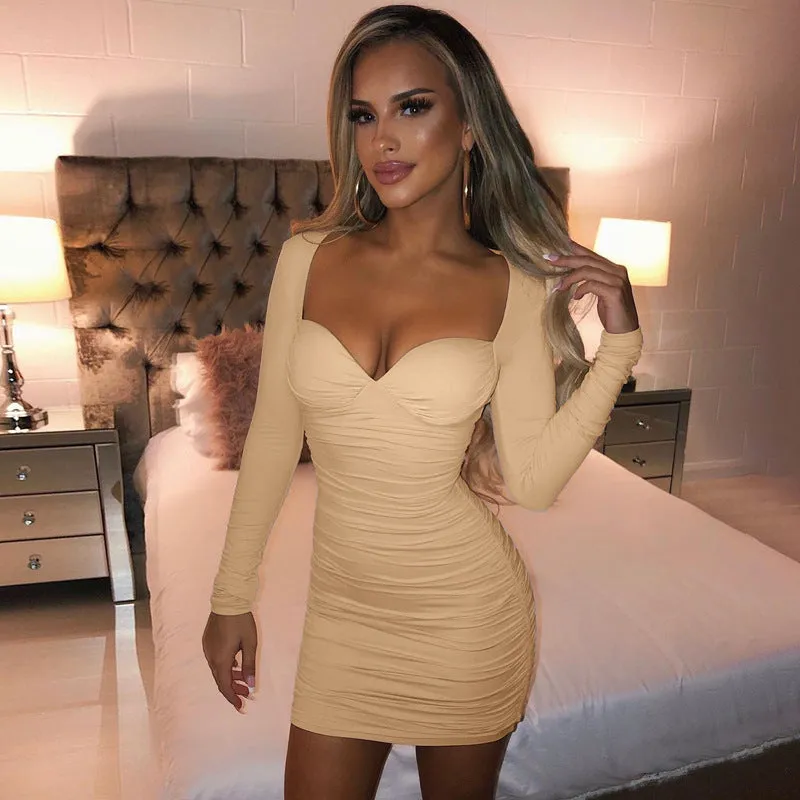 Autumn Off-Shoulder Long Sleeve Bodycon Pleats Dress