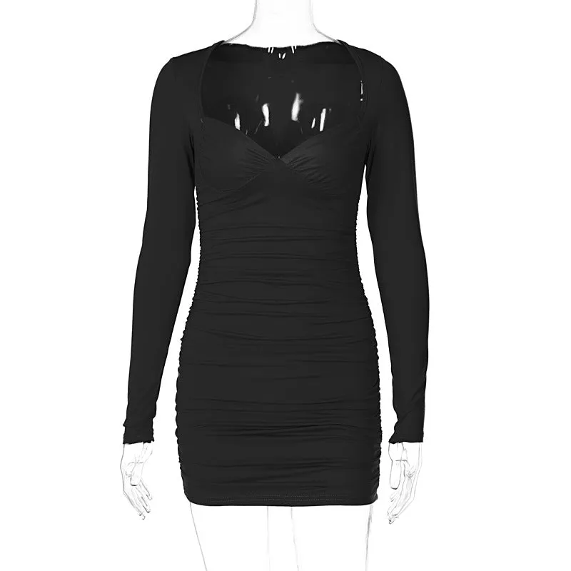 Autumn Off-Shoulder Long Sleeve Bodycon Pleats Dress