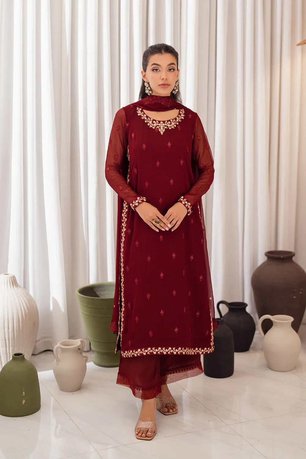 Azure Ensembles Luxury Chiffon Formals – Wine Scarlet