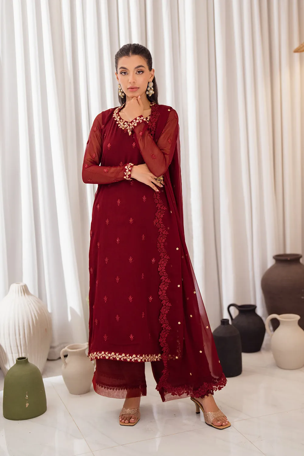 Azure Ensembles Luxury Chiffon Formals – Wine Scarlet