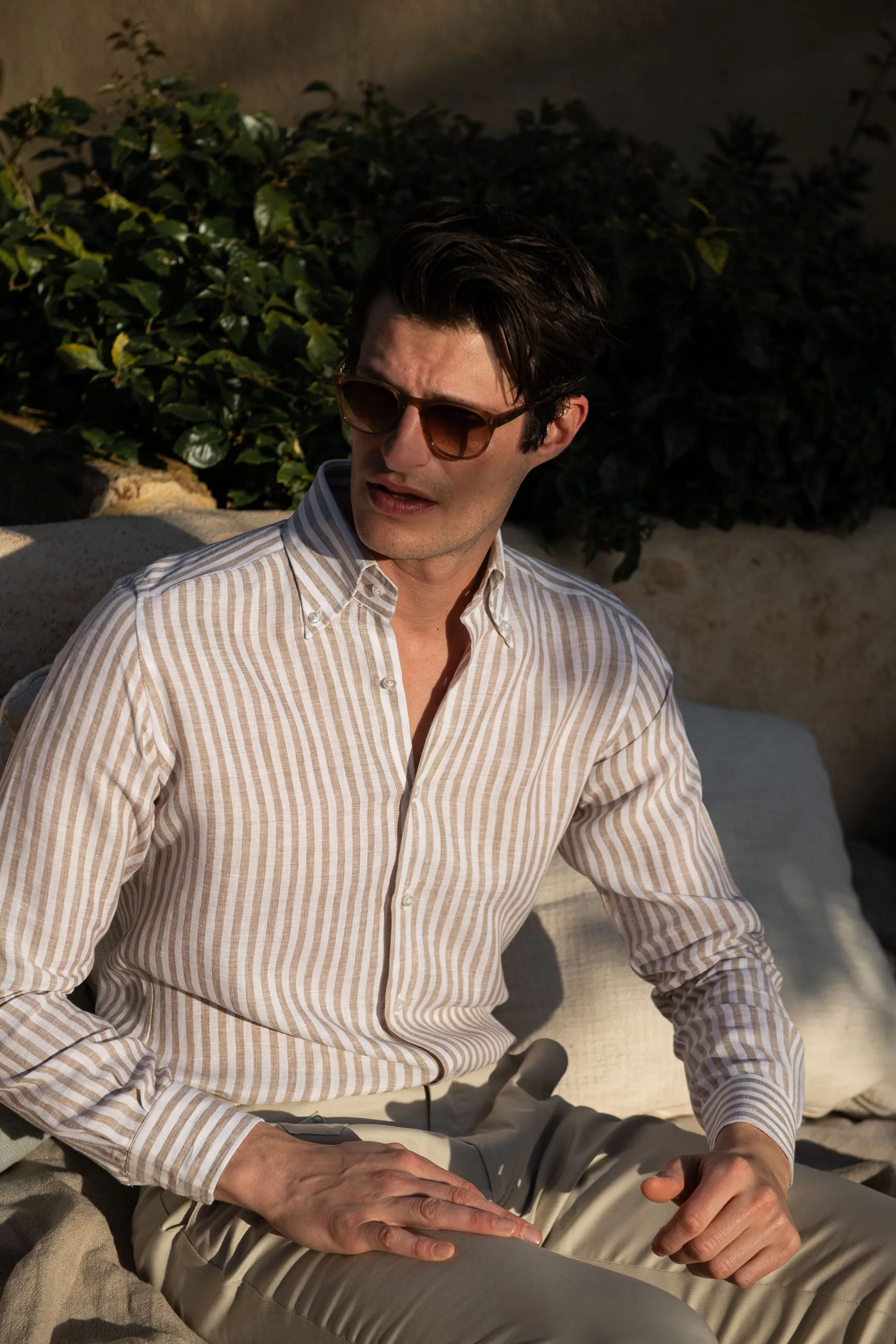 Beige striped linen button down shirt - Made in Italy