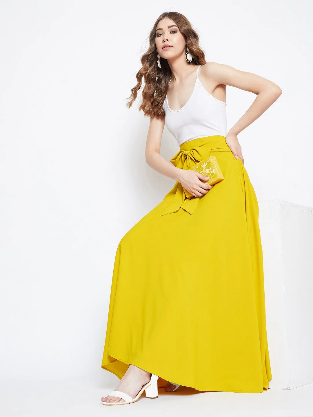 Berrylush Women Solid Yellow Waist Bow Tie-Up Pleated Maxi Skirt