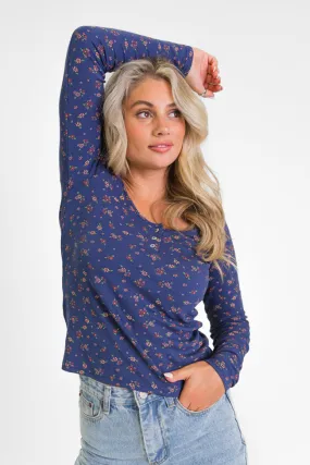 Best In Bloom Navy Ribbed Floral Henley Top FINAL SALE