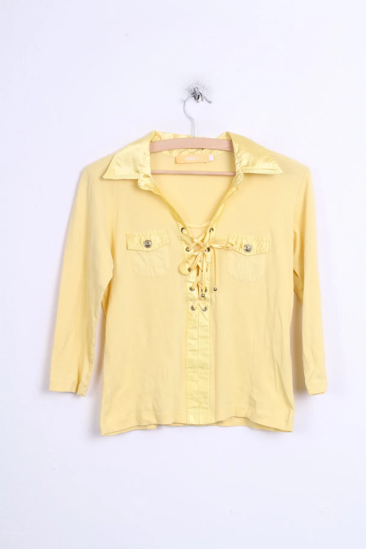 BIBA Womens 1 M Chic Blouse Yellow Collar Lace Up