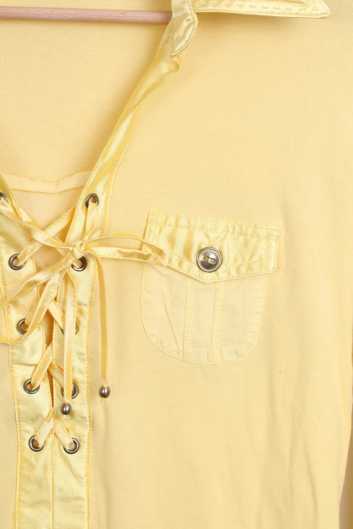 BIBA Womens 1 M Chic Blouse Yellow Collar Lace Up