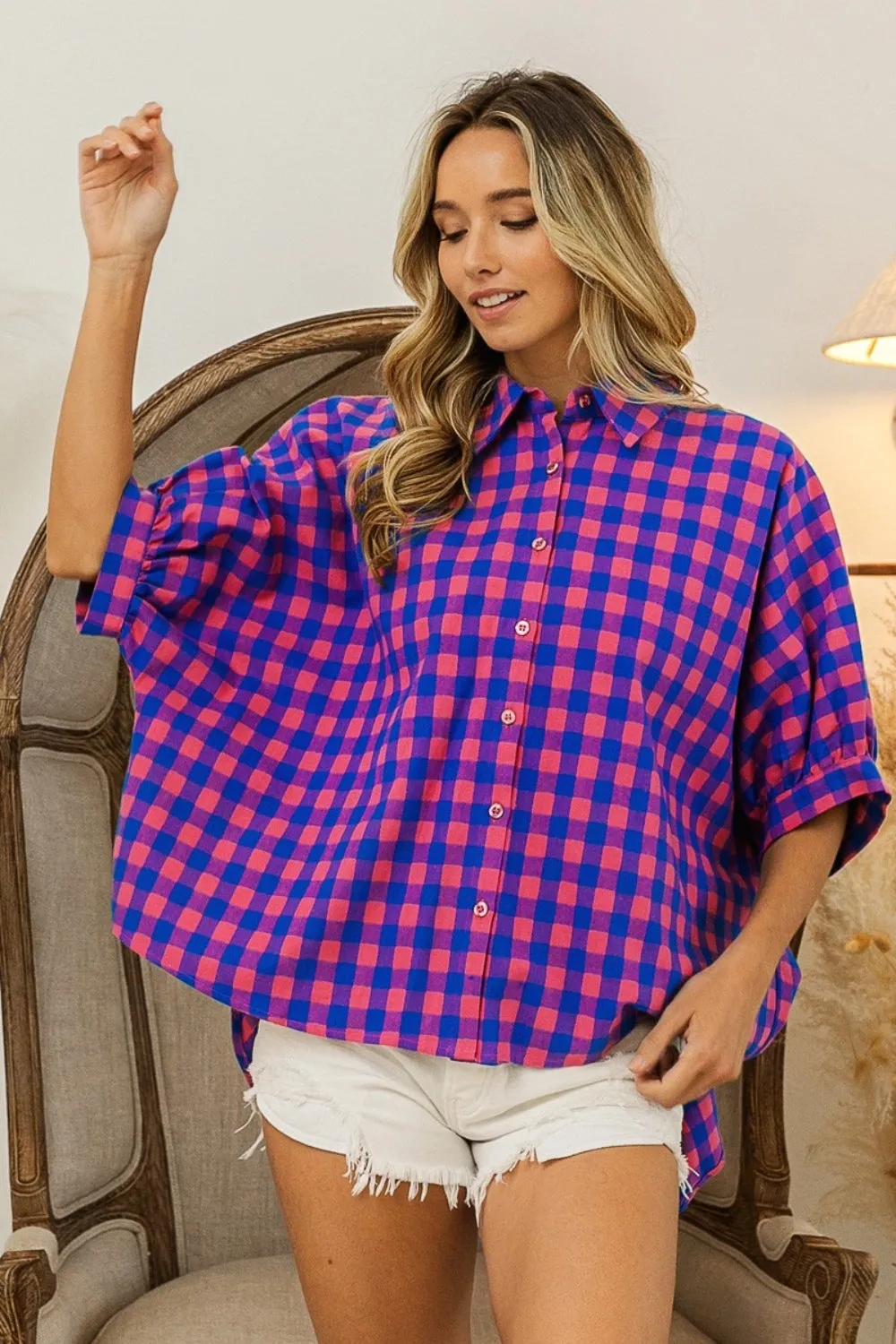 BiBi Plaid Button Up Dolman Sleeve Shirt