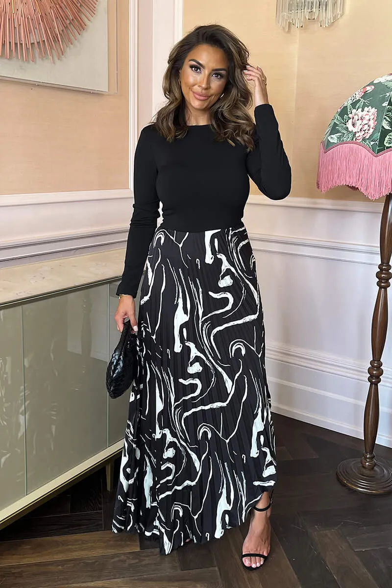 Black Abstract Stripe Print 2 in 1 Long Sleeve Pleated Skirt Midi Dress