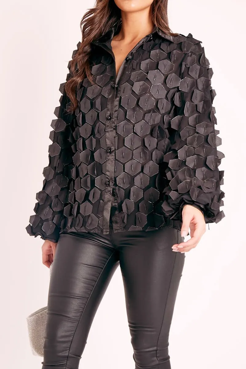 Black Geometric Applique Button Front Shirt - Bostyn