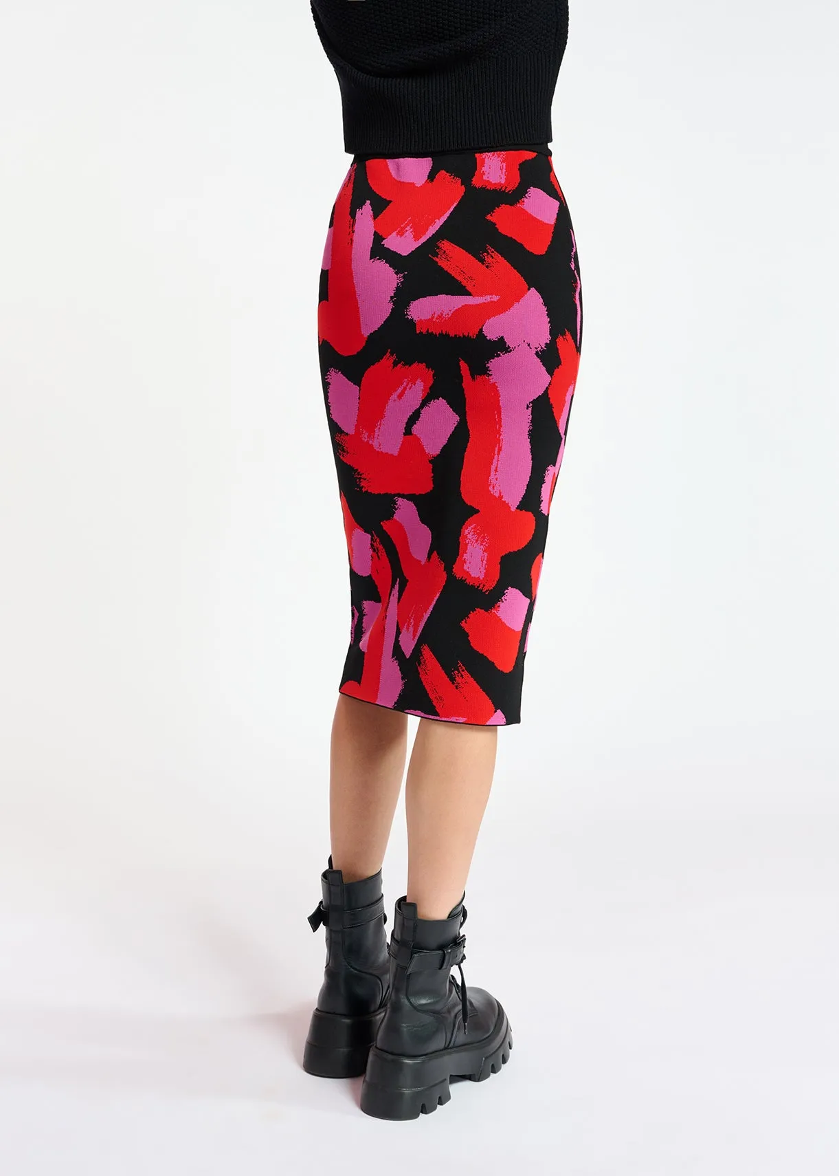 Black, red and fuchsia jacquard-knit midi skirt