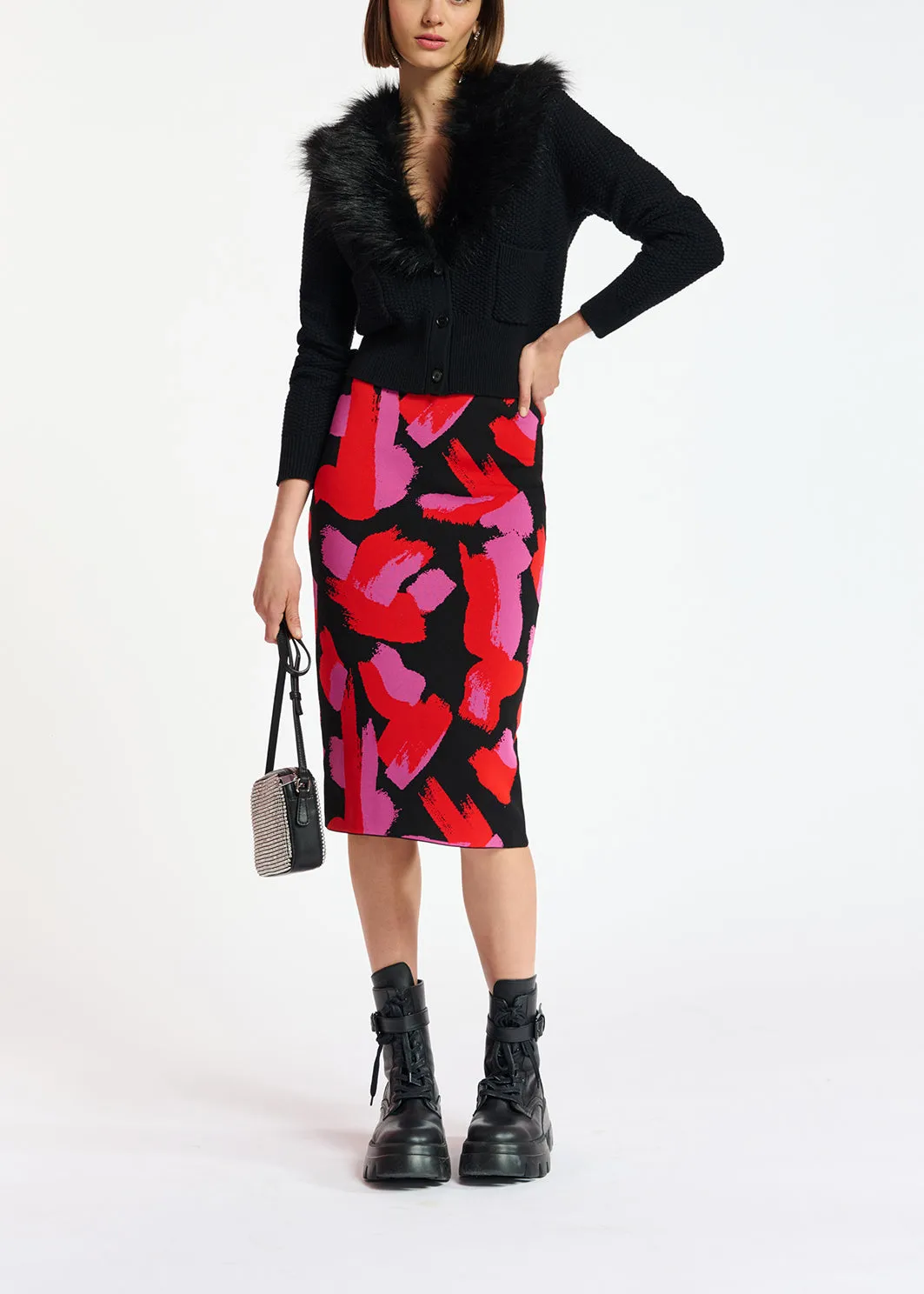 Black, red and fuchsia jacquard-knit midi skirt