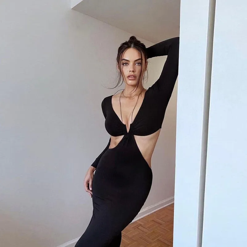 Black Sheath Maxi Dress with Full Sleeve Halter Cutout