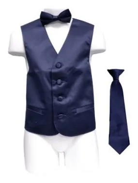 Boys Navy Blue Satin Vest with Neck Tie and Bow Tie