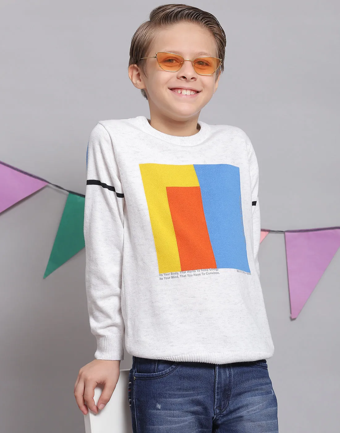 Boys White Printed Round Neck Full Sleeve Sweater