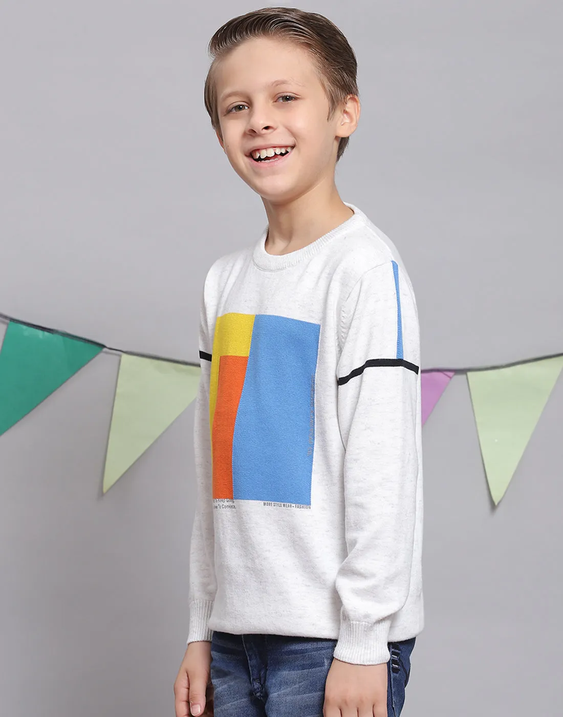 Boys White Printed Round Neck Full Sleeve Sweater