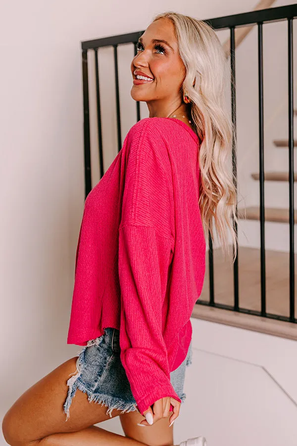 Breezy Times Oversized Henley Top In Hot Pink