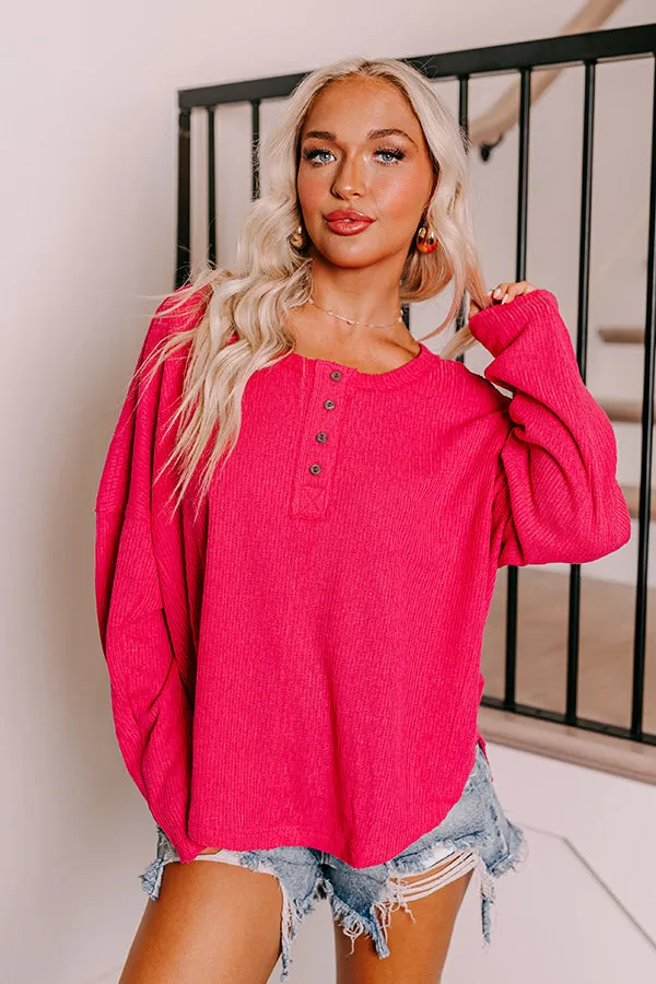 Breezy Times Oversized Henley Top In Hot Pink