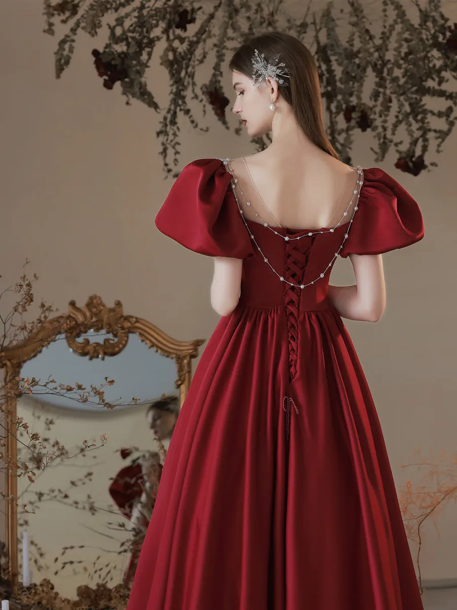 Burgundy A line Satin Long Prom Dress, Burgundy Sweet 16 Dress