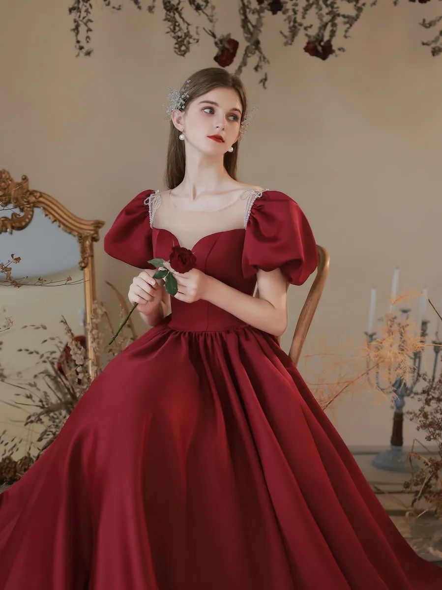 Burgundy A line Satin Long Prom Dress, Burgundy Sweet 16 Dress