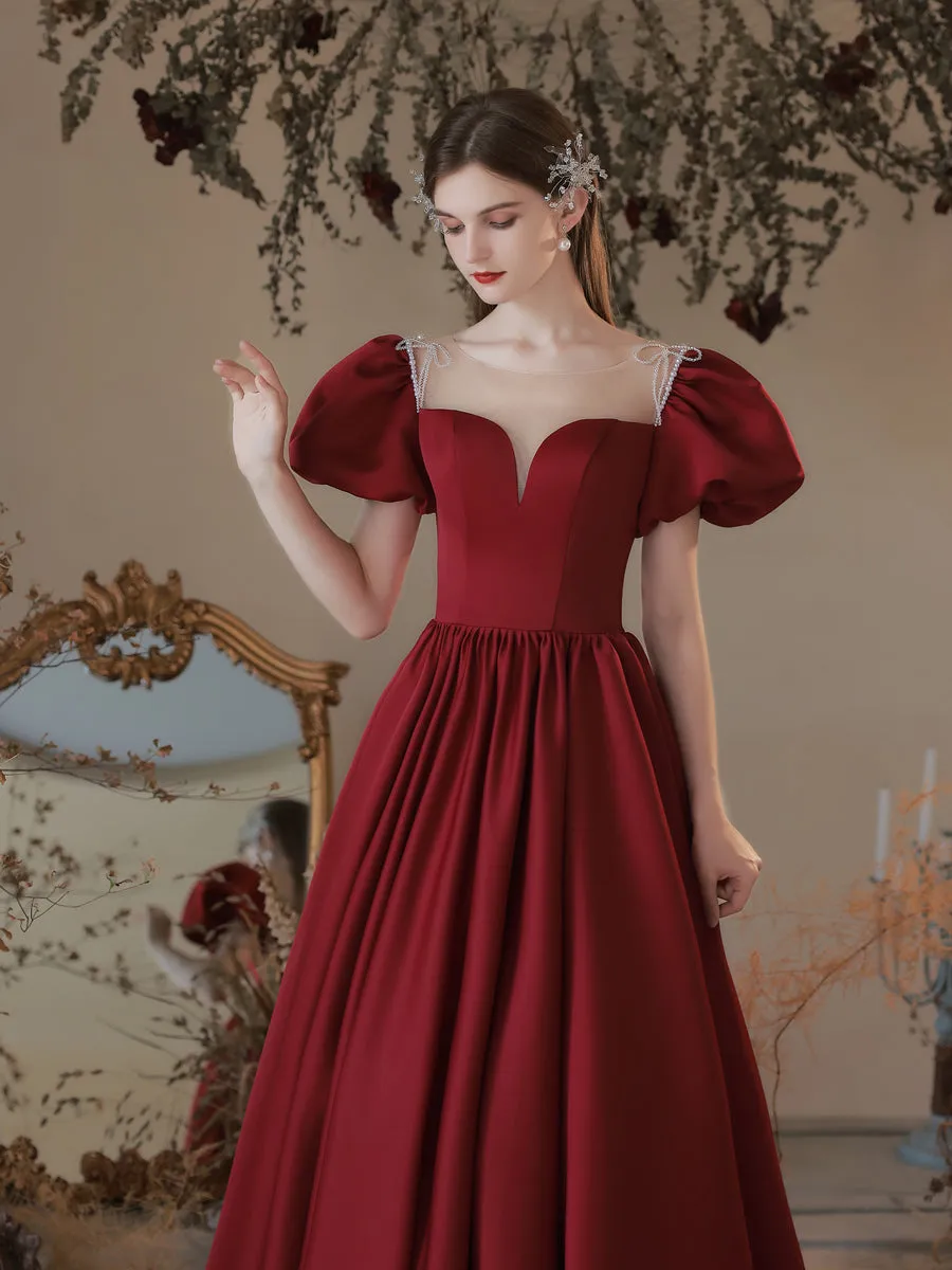 Burgundy A line Satin Long Prom Dress, Burgundy Sweet 16 Dress