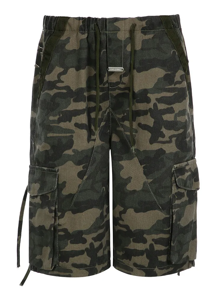 Camo Cargo Shorts with Drawstring Details