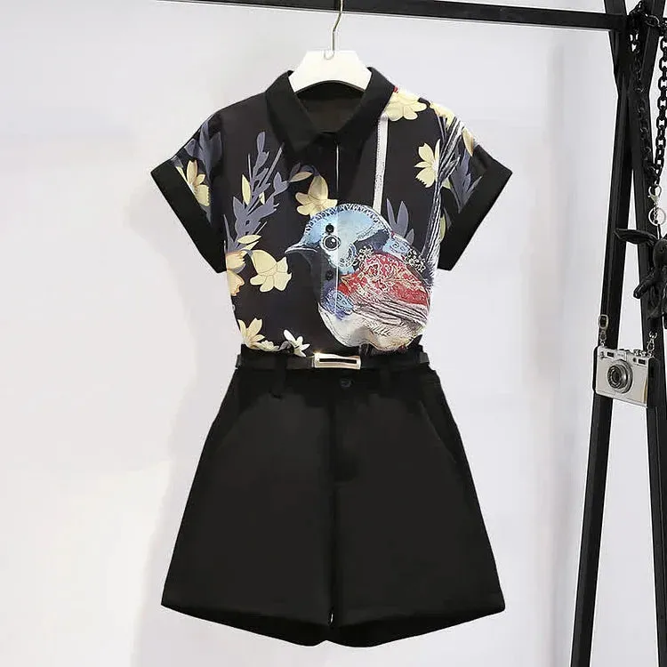 Chic Bird Floral Print Chiffon T-Shirt Casual Shorts