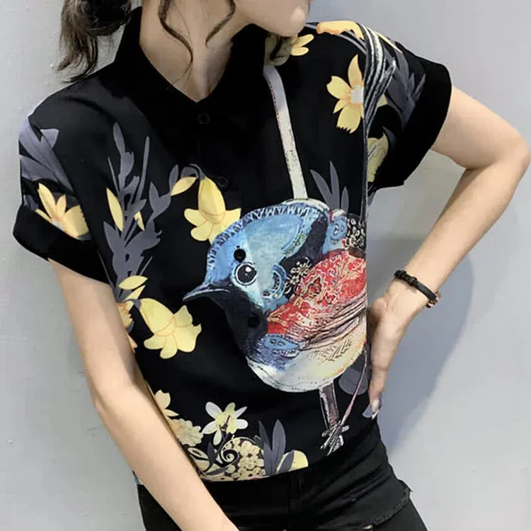 Chic Bird Floral Print Chiffon T-Shirt Casual Shorts