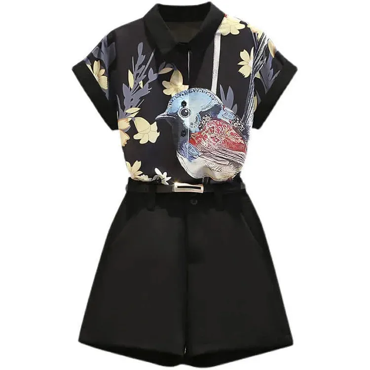 Chic Bird Floral Print Chiffon T-Shirt Casual Shorts