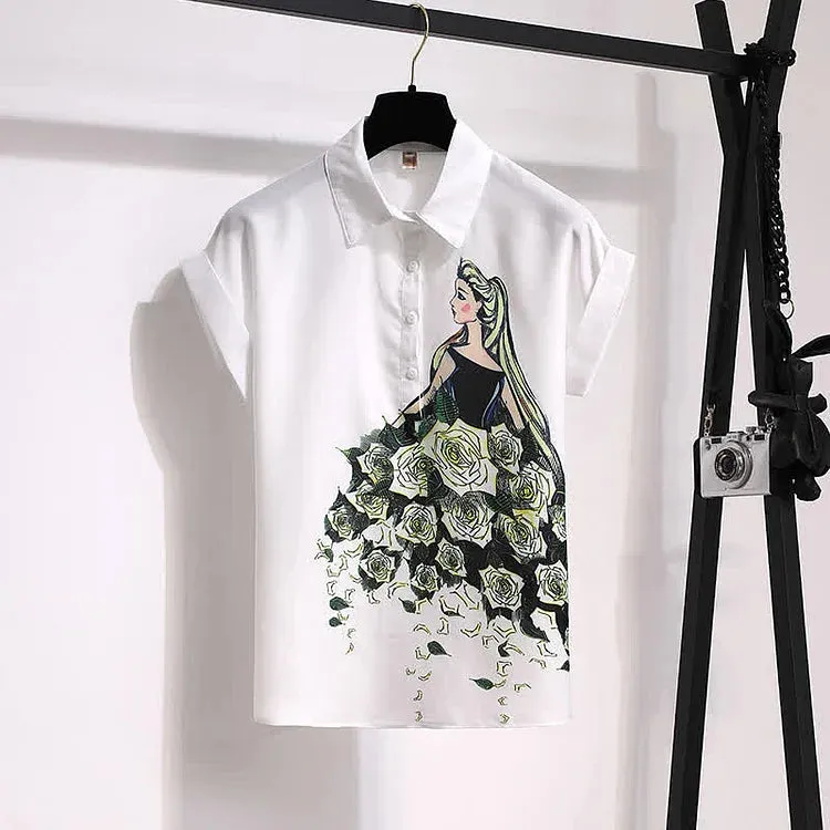 Chic Blossom Girl Print Chiffon T-Shirt Casual Shorts