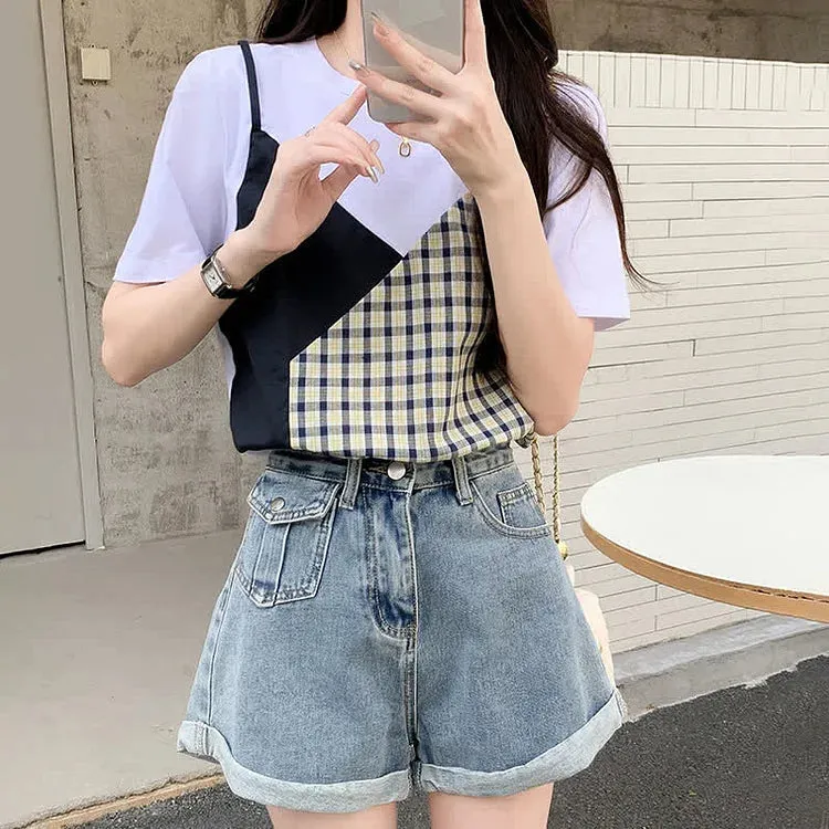 Chic Colorblock Round Neck T-Shirt Pockets Denim Shorts