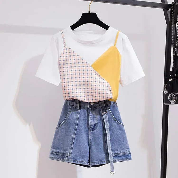 Chic Colorblock Round Neck T-Shirt Pockets Denim Shorts