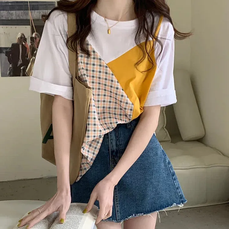 Chic Colorblock Round Neck T-Shirt Pockets Denim Shorts