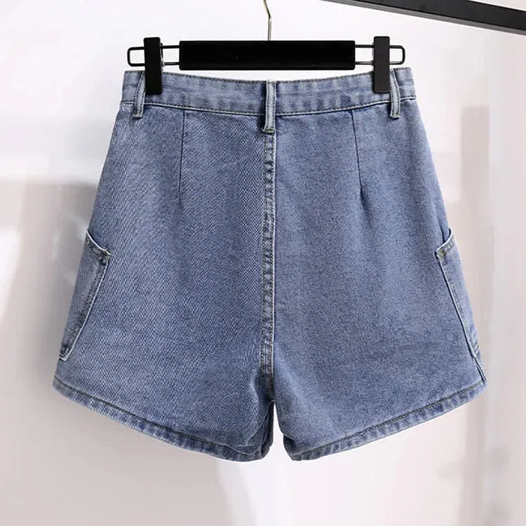 Chic Colorblock Round Neck T-Shirt Pockets Denim Shorts