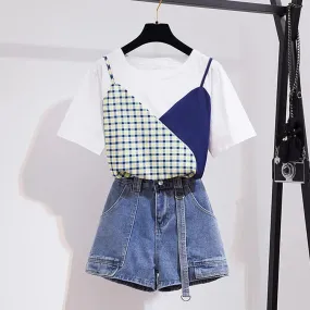 Chic Colorblock Round Neck T-Shirt Pockets Denim Shorts