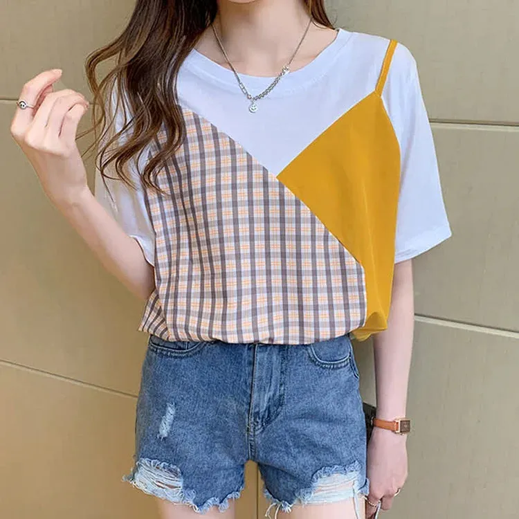 Chic Colorblock Round Neck T-Shirt Pockets Denim Shorts